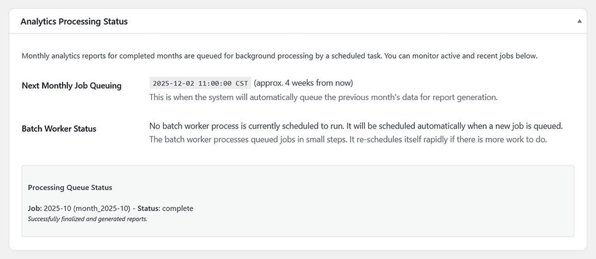 Processing status section of WordPress analytics tools page