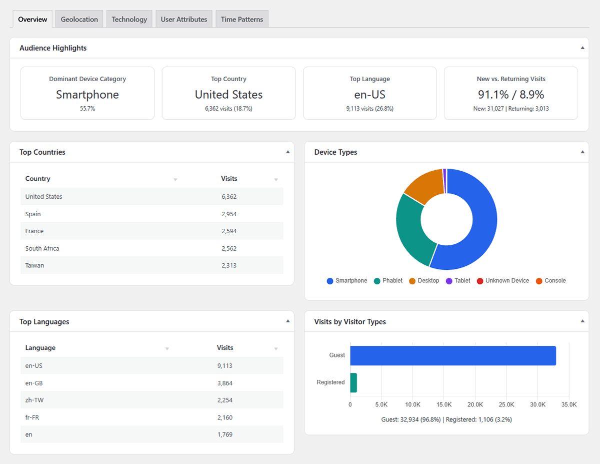 Overview of the WP Insights Pro WordPress audience analytics