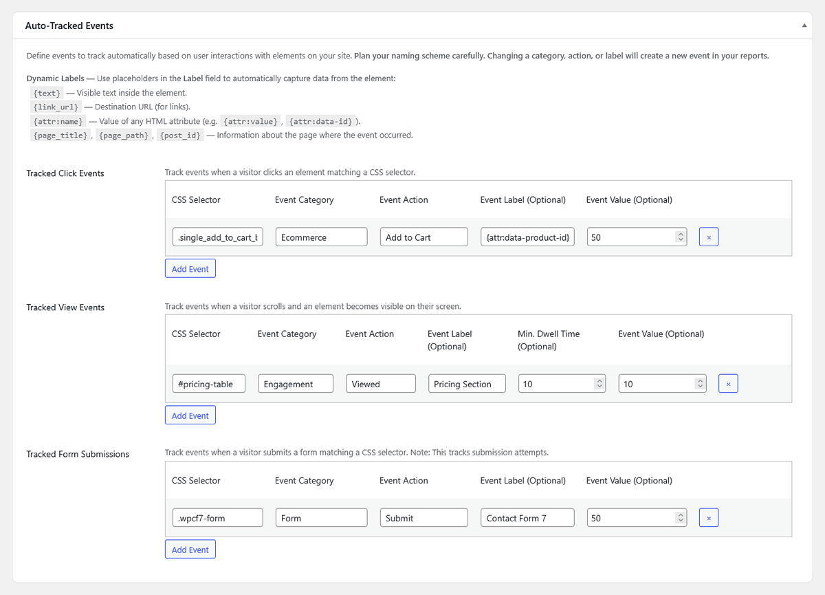 Auto tracked events settings