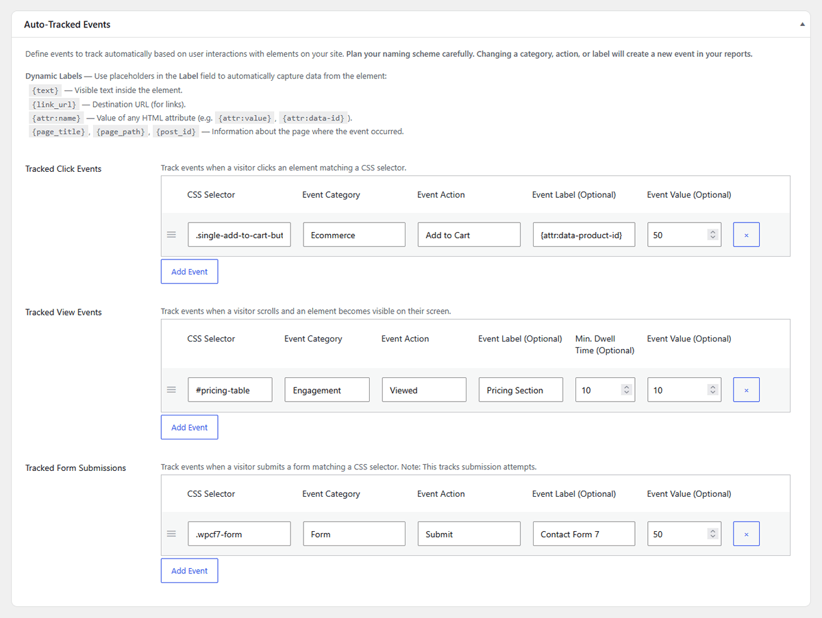 Auto tracked events settings