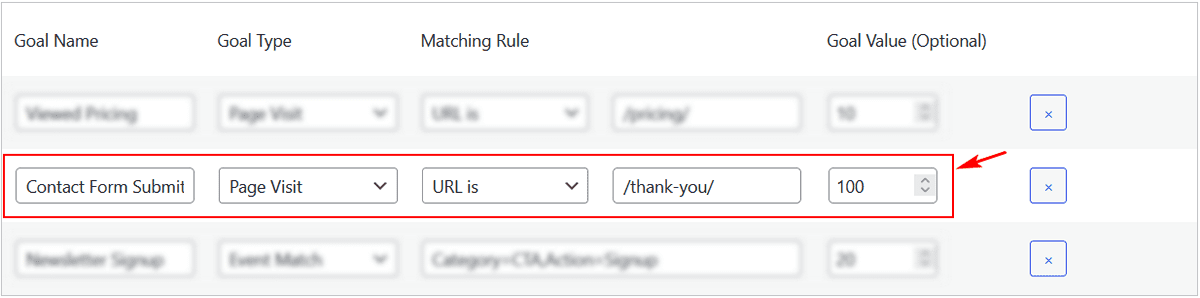 Define a goal in settings