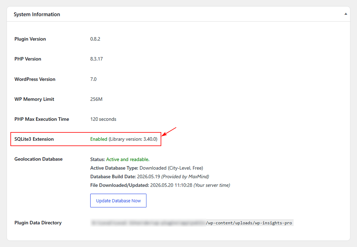 After iInstall WP Insights Pro, check tools system to see if SQLite3 extension is active