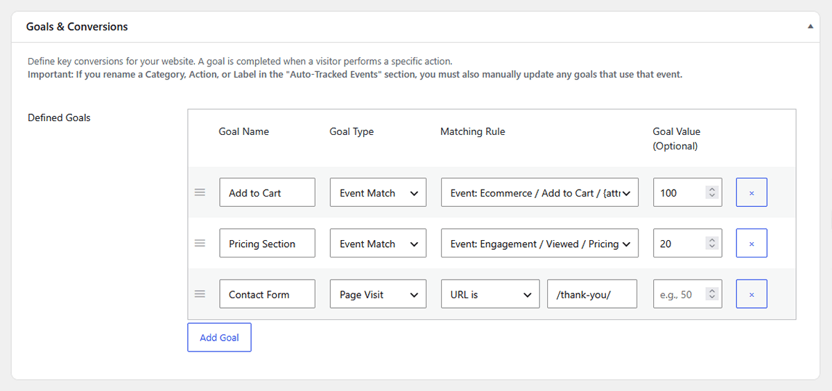 Goals and conversions settings