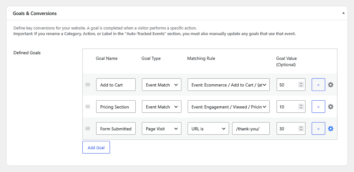 Goals and conversions settings