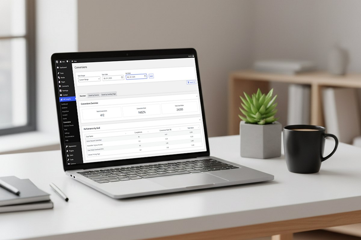 Laptop with WordPress conversion tracking on screen