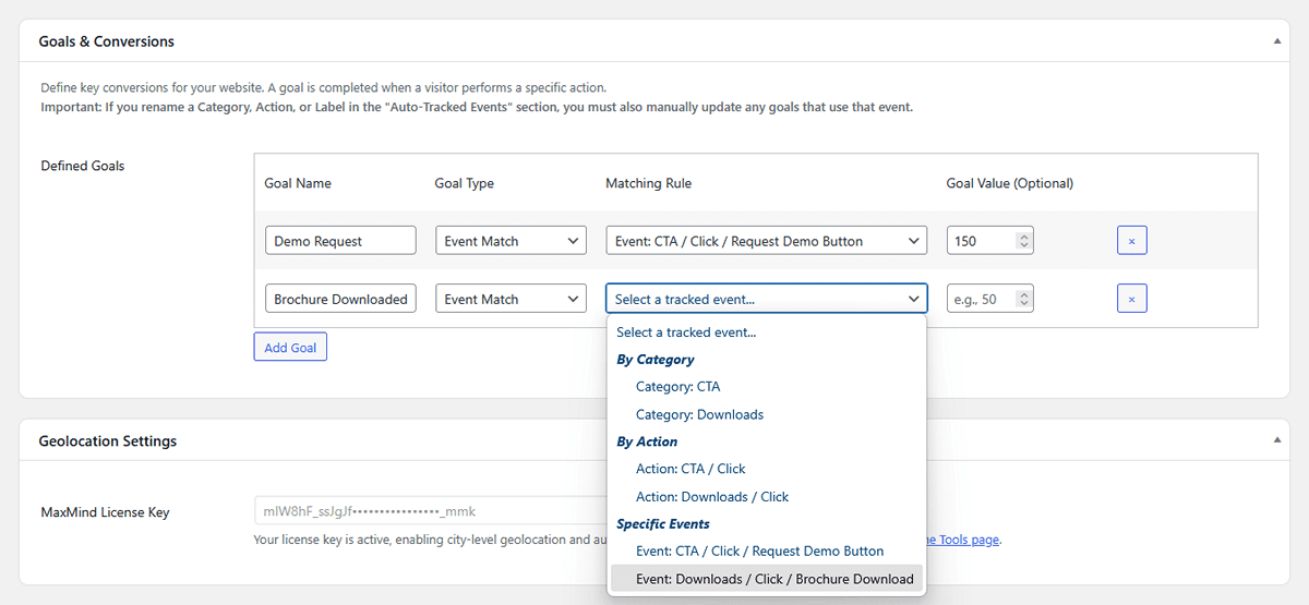 Register a "Brochure Downloaded" goal in settings