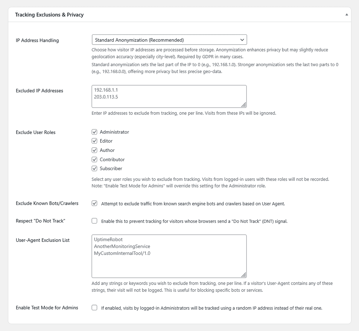 Tracking exclusions and privacy settings
