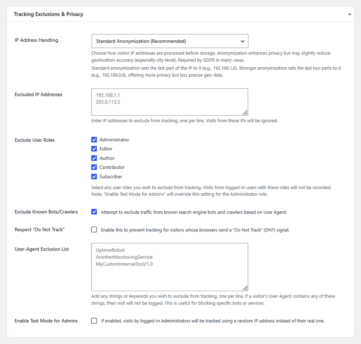 Tracking exclusions and privacy settings