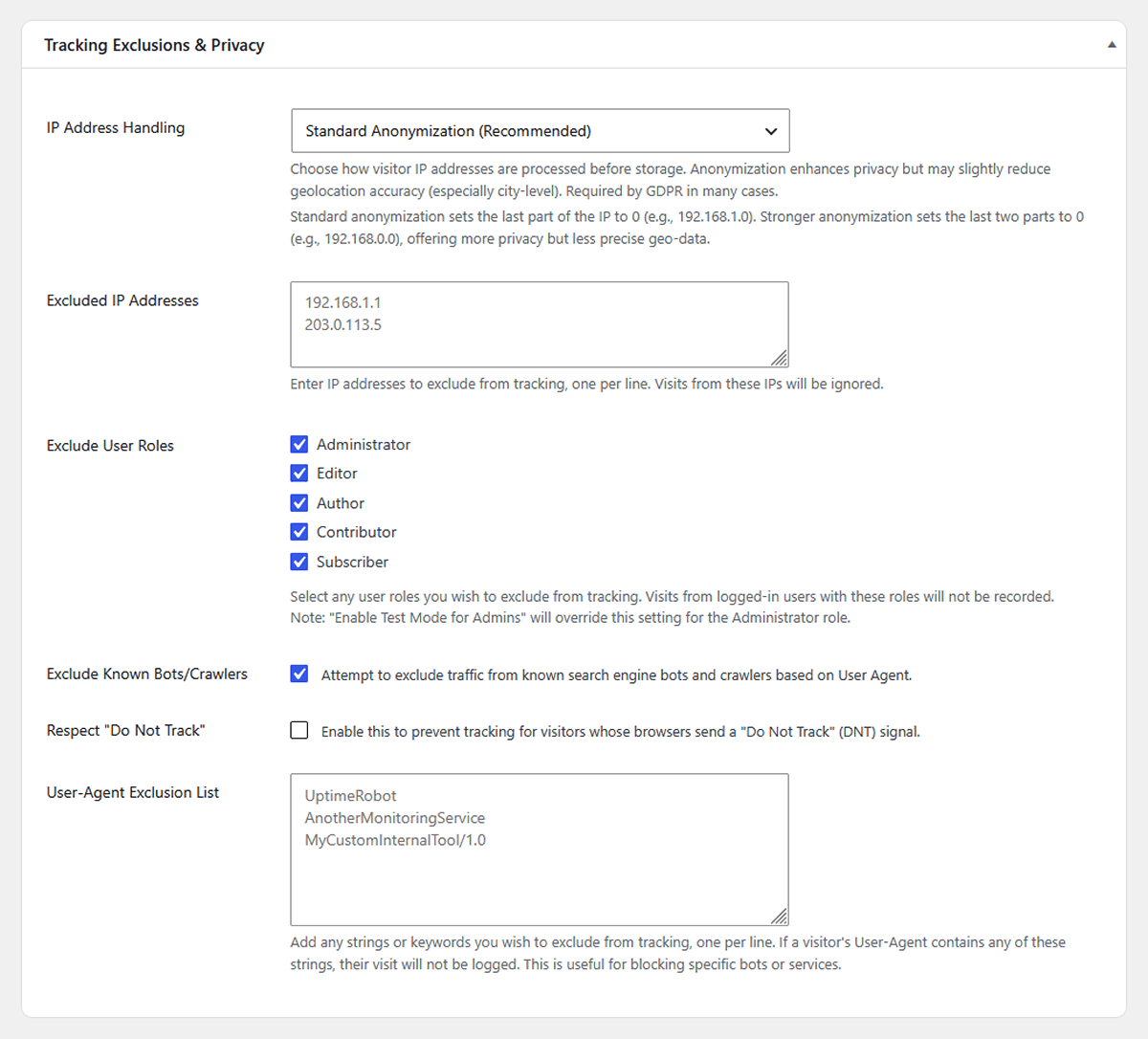 Tracking exclusions and privacy settings