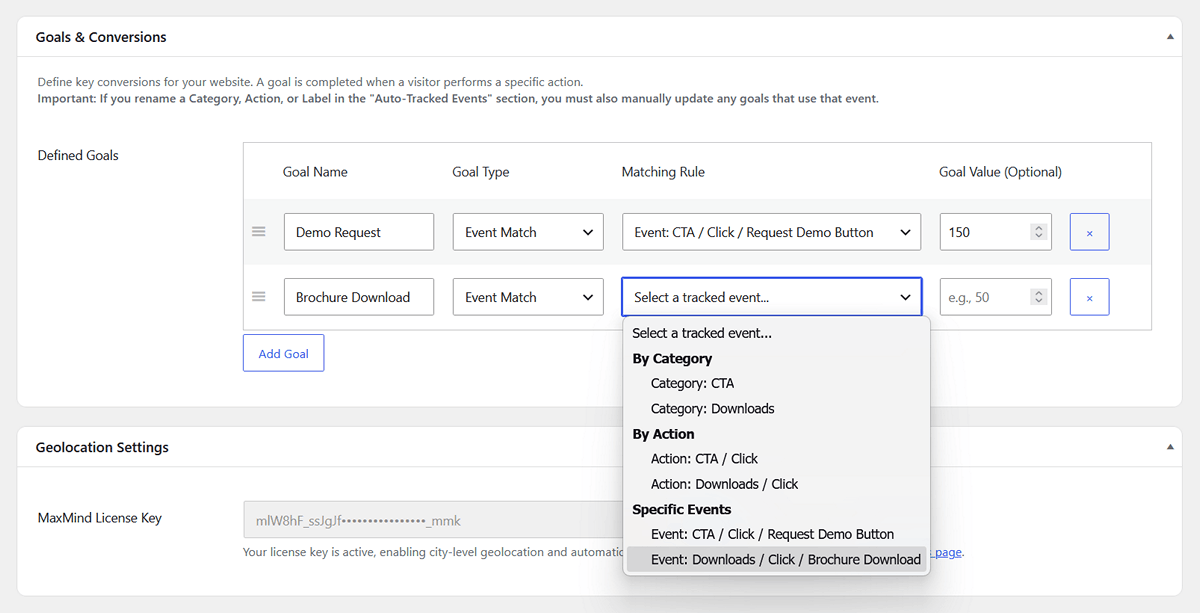 Register a "Brochure Downloaded" goal in settings