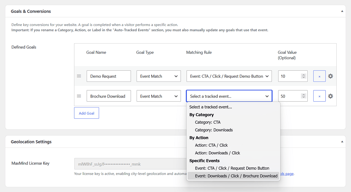 Register a "Brochure Downloaded" goal in settings