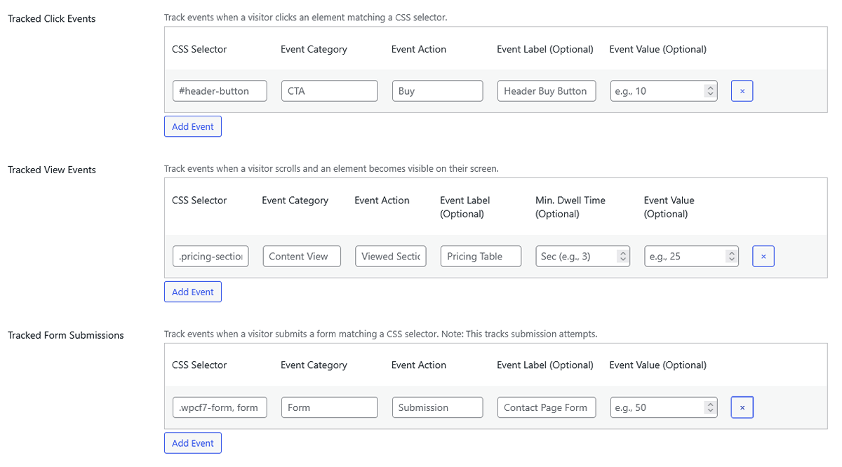 Events tracking for WordPress, settings in WP Insights Pro