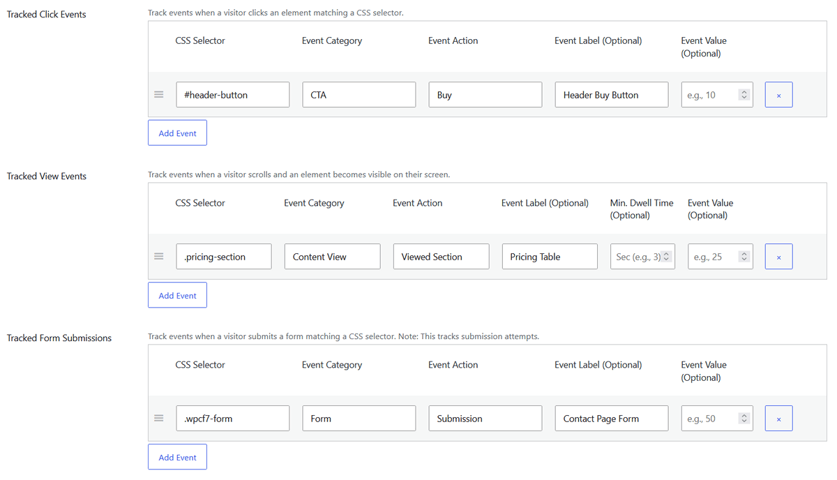Events tracking for WordPress, settings in WP Insights Pro