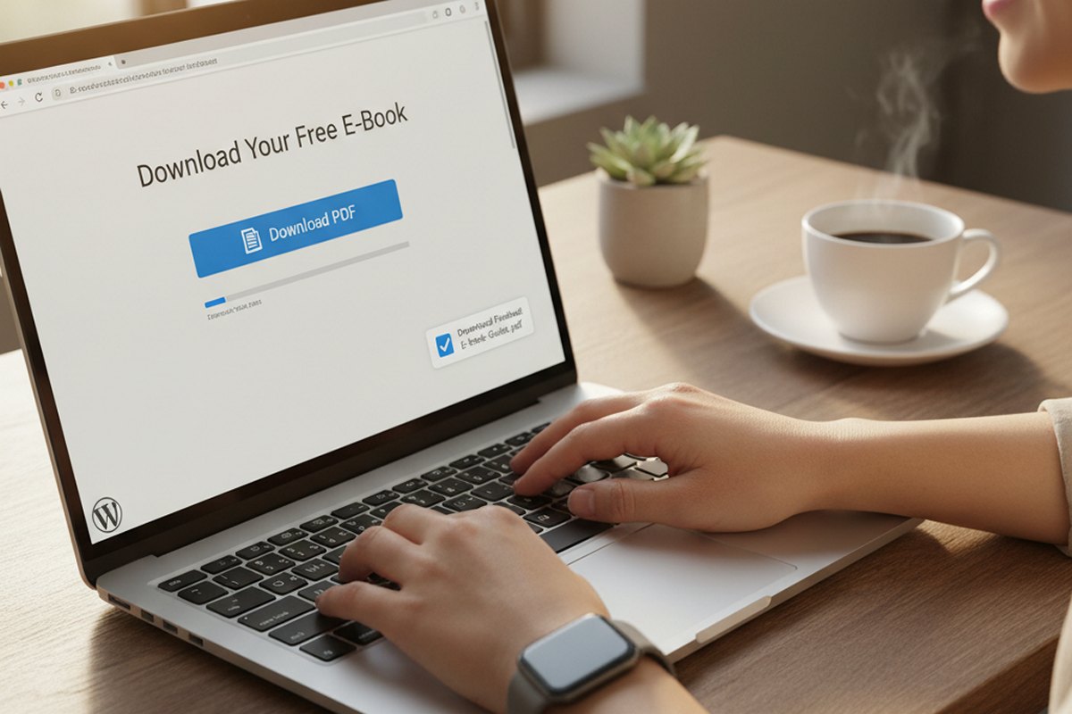 Person downloading a PDF file on a laptop in WordPress