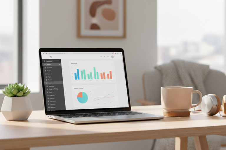Comparing Google Analytics alternatives for WordPress on a laptop.