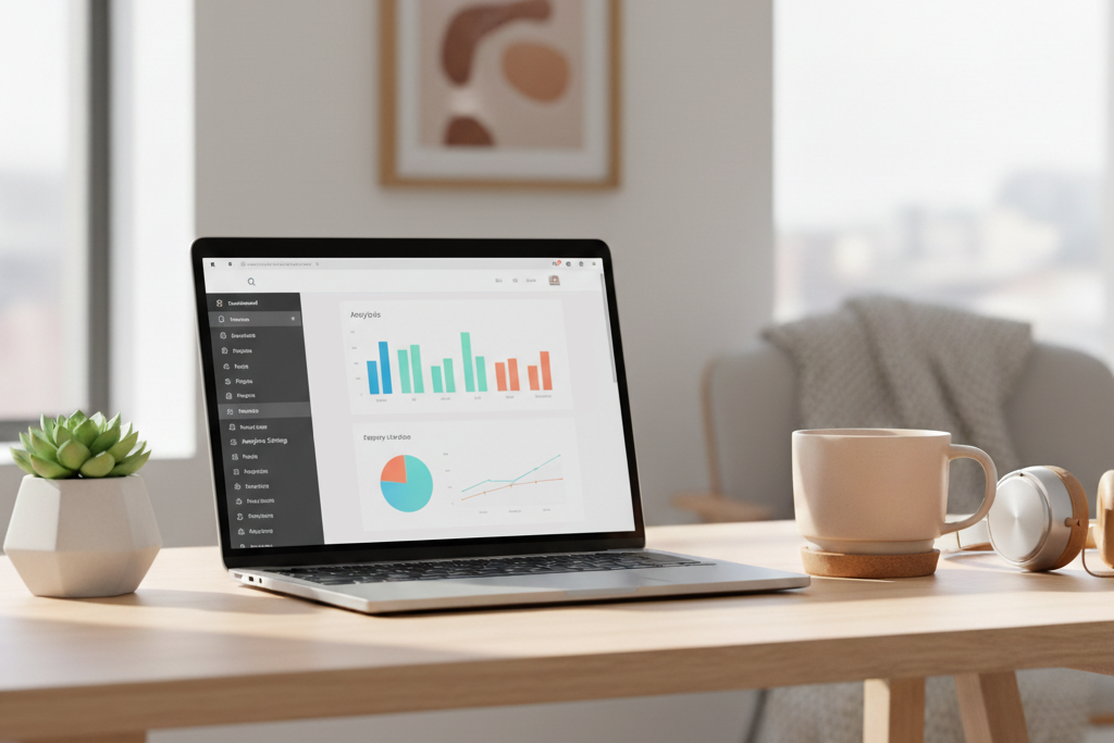Comparing Google Analytics alternatives for WordPress on a laptop.