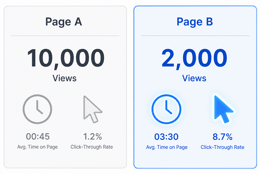 Comparing two blog posts, one with high traffic and low engagement, the other with lower traffic but high engagement.