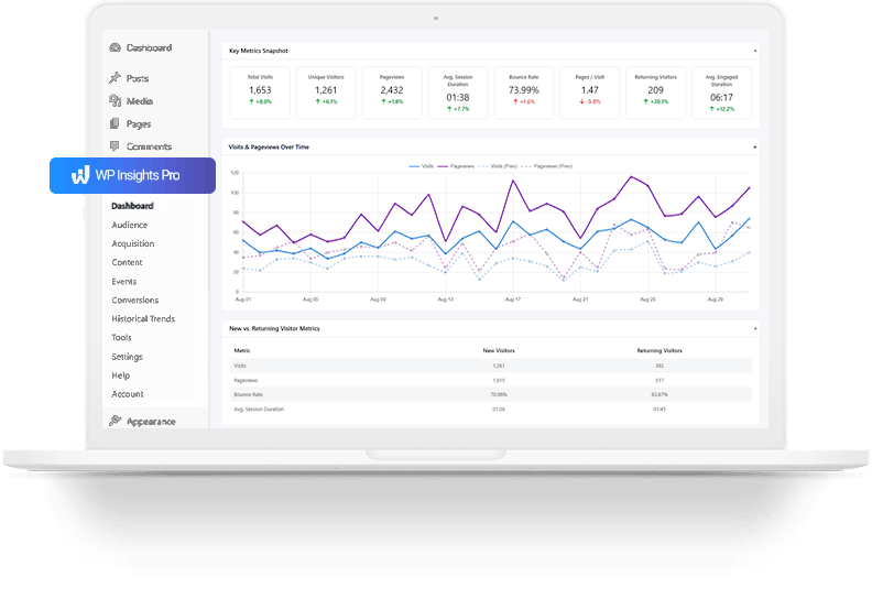 WP Insights Pro home dashboard