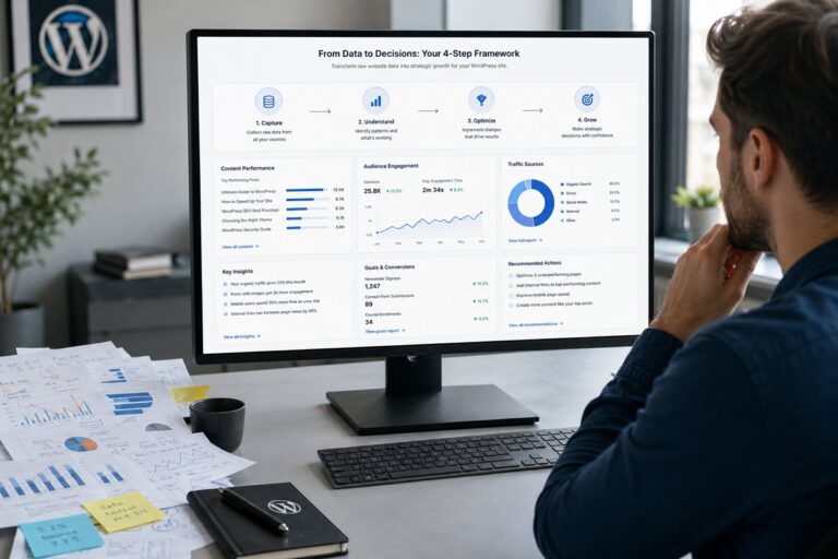 Website owner analyzing analytics charts and building a WordPress analytics strategy