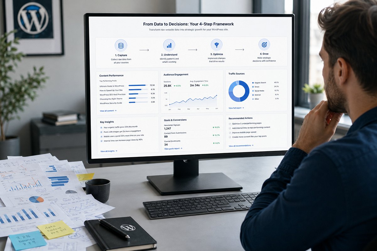 Website owner analyzing analytics charts and building a WordPress analytics strategy