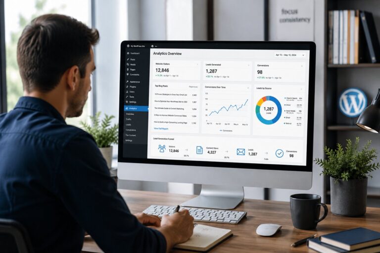 Man looking at a screen with charts and analyzing WordPress lead tracking