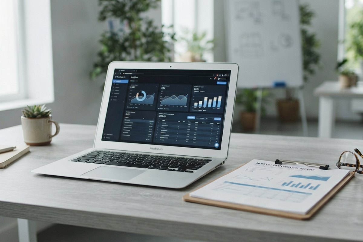 WordPress client reporting with an analytics dashboard on a laptop screen and an exported PDF report on a desk