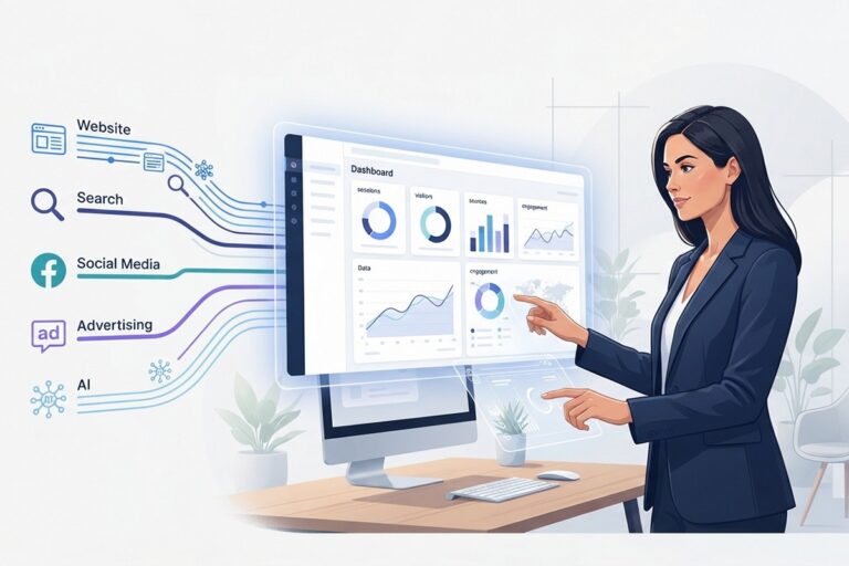 Website traffic sources, including search, social media, advertising, and AI, flowing into an analytics dashboard.