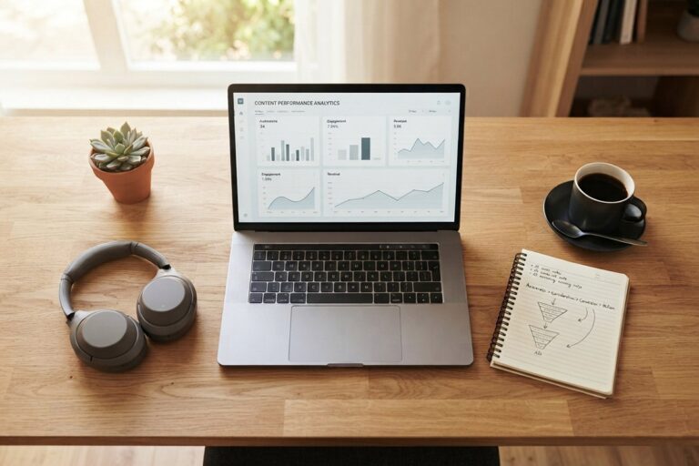 Wooden desk with laptop screen displaying analytics charts