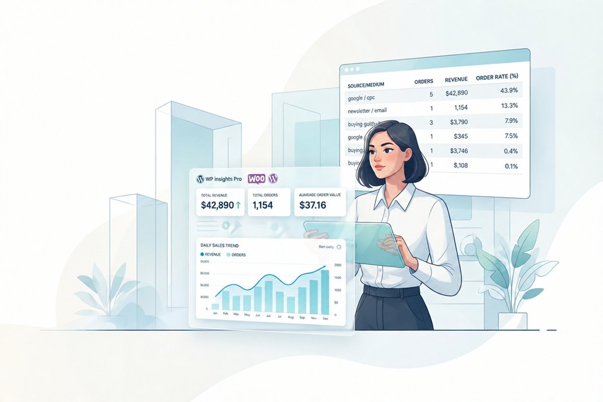 Woman studying WooCommerce revenue attribution analytics on a WordPress website with WP Insights Pro